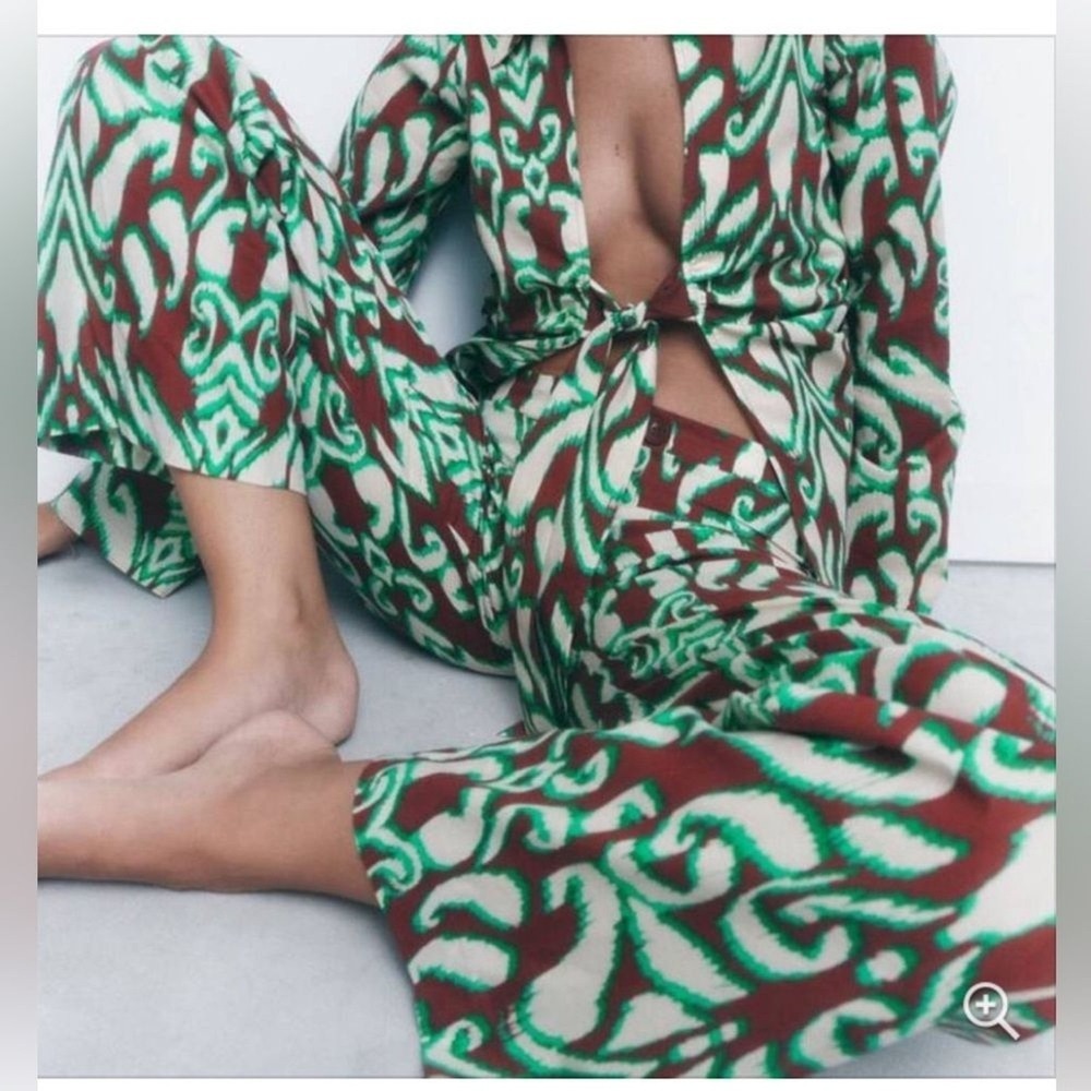 Zara Geometric Ikat Print Cotton Pants Straight Leg M Artsy Boho Psychedelic - Picture 3 of 12